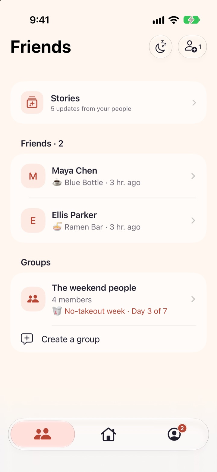 melo’s Friends home. Maya Chen: Blue Bottle, 3 hours ago. Ellis Parker: Ramen Bar, 3 hours ago. The group The weekend people, 4 members, on day 3 of 7 of a no-takeout week.